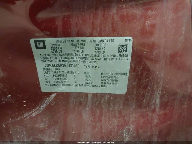 Продажа на аукционе авто 2016 Chevrolet Equinox Lt, vin: 2GNALCEK2G1121559, номер лота: 44920633
