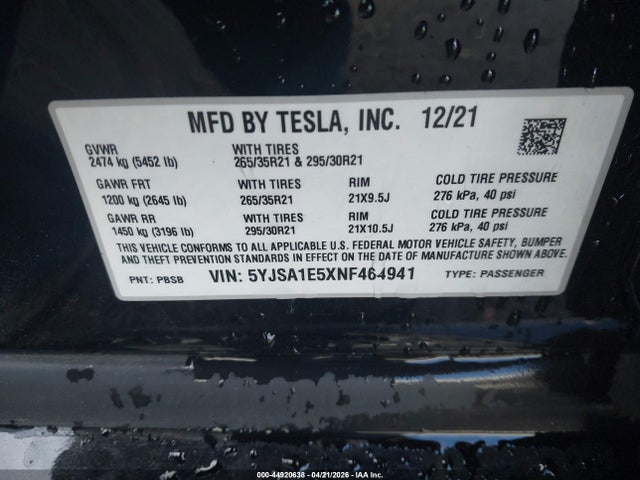 Aukcja sprzedaży 2022 Tesla Model S Dual Motor All-wheel Drive, vin: 5YJSA1E5XNF464941, numer aukcji: 44920638