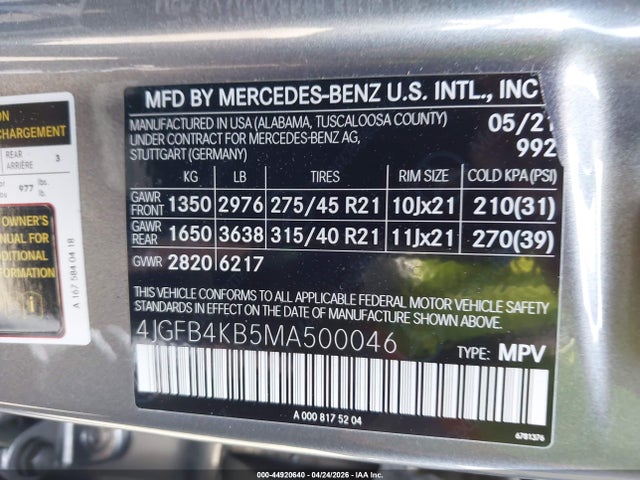44920640 :رقم المزاد ، 4JGFB4KB5MA500046 vin ، 2021 Mercedes-benz Gle 350 4matic مزاد بيع