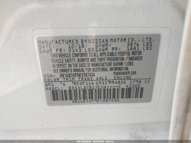 Nissan SENTRA SV 2019 3N1AB7AP9KY287434 Image 9