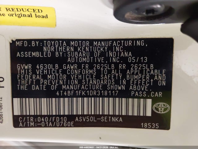 Продажа на аукционе авто 2013 Toyota Camry Le, vin: 4T4BF1FK1DR318117, номер лота: 44920651