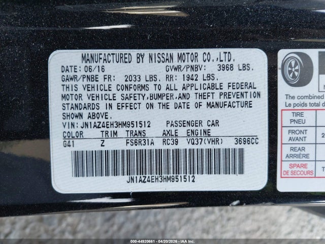 Aukcja sprzedaży 2017 Nissan 370z, vin: JN1AZ4EH3HM951512, numer aukcji: 44920661