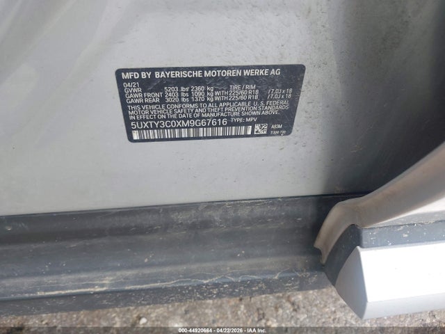 Aukcja sprzedaży 2021 Bmw X3 Sdrive30i, vin: 5UXTY3C0XM9G67616, numer aukcji: 44920664
