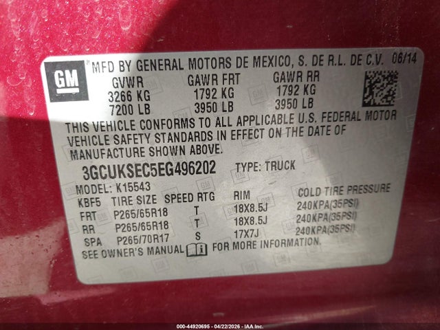 Aukcja sprzedaży 2014 Chevrolet Silverado 1500 2lz, vin: 3GCUKSEC5EG496202, numer aukcji: 44920695
