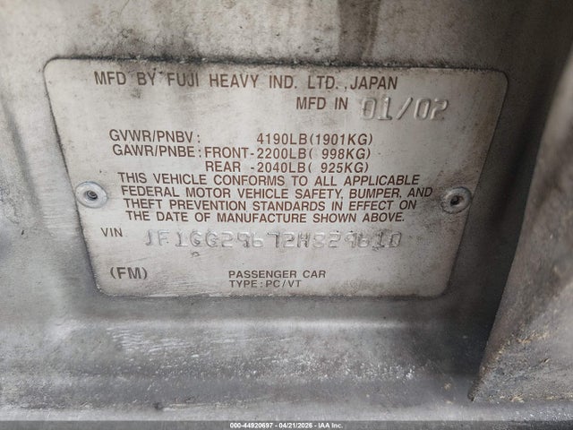 2002 Subaru Impreza Wrx მანქანა იყიდება აუქციონზე, vin: JF1GG29672H829610, აუქციონის ნომერი: 44920697