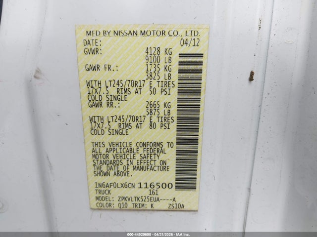44920698 :رقم المزاد ، 1N6AF0LX6CN116500 vin ، 2012 Nissan Nv 2500 Nv2500 Hd Sv V8 مزاد بيع