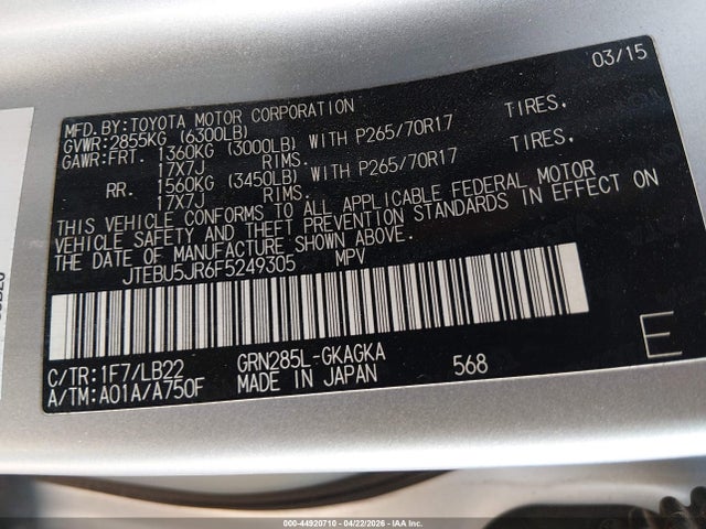 Toyota 4runner Sr5 Premium 2015 JTEBU5JR6F5249305 Image 9