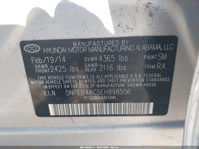2014 Hyundai Sonata Gls მანქანა იყიდება აუქციონზე, vin: 5NPEB4AC5EH898556, აუქციონის ნომერი: 44920711