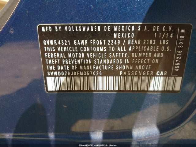 2015 Volkswagen Jetta 1.8t Se მანქანა იყიდება აუქციონზე, vin: 3VWD07AJ0FM357036, აუქციონის ნომერი: 44920712