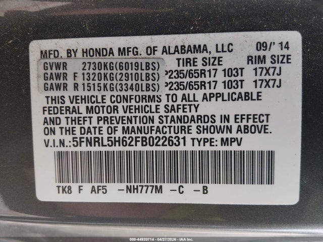Продажа на аукционе авто 2015 Honda Odyssey Ex-l, vin: 5FNRL5H62FB022631, номер лота: 44920714