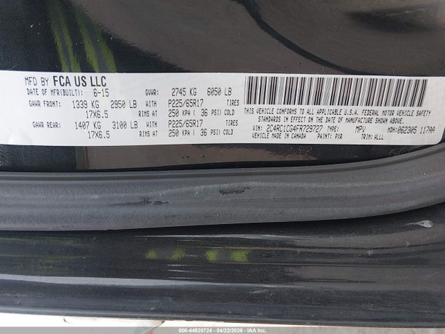 Продаж на аукціоні авто 2015 Chrysler Town & Country Touring-l, vin: 2C4RC1CG4FR729727, номер лоту: 44920724