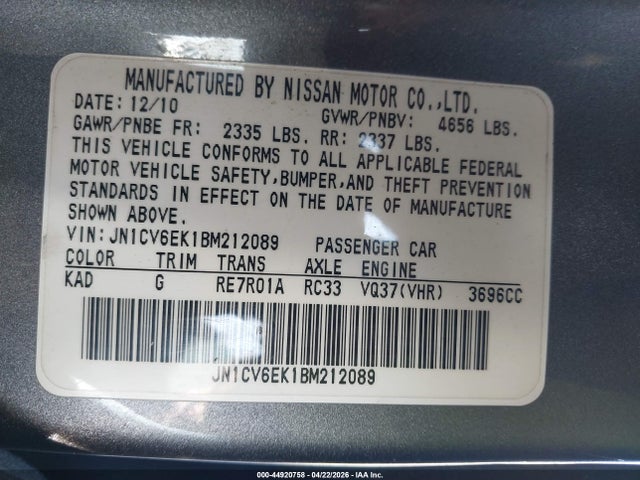 Продаж на аукціоні авто 2011 Infiniti G37 Journey, vin: JN1CV6EK1BM212089, номер лоту: 44920758