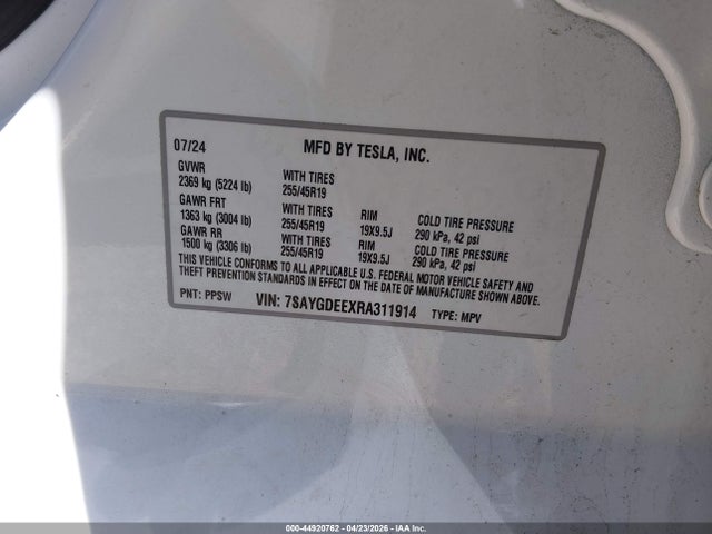 Продаж на аукціоні авто 2024 Tesla Model Y Long Range Dual Motor All-wheel Drive, vin: 7SAYGDEEXRA311914, номер лоту: 44920762