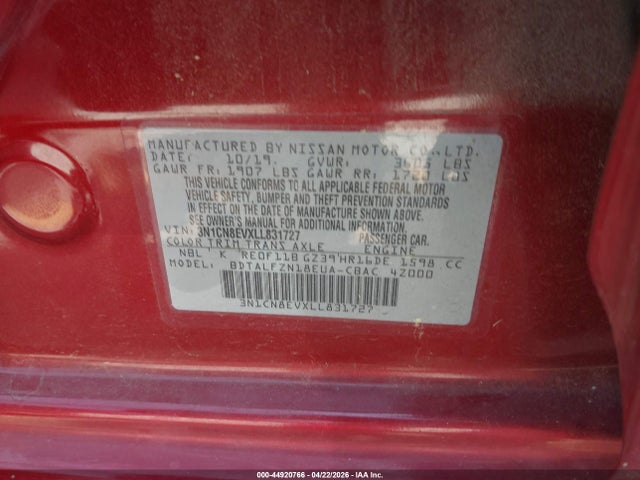 2020 Nissan Versa Sv Xtronic Cvt მანქანა იყიდება აუქციონზე, vin: 3N1CN8EVXLL831727, აუქციონის ნომერი: 44920766