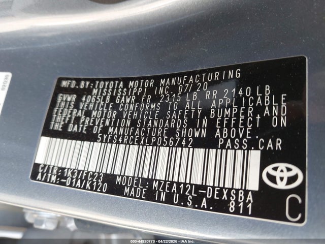 2020 Toyota Corolla Se მანქანა იყიდება აუქციონზე, vin: 5YFS4RCEXLP056742, აუქციონის ნომერი: 44920770