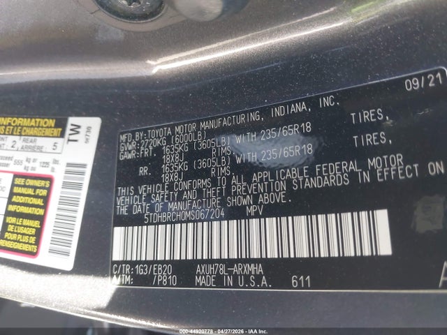 Toyota Highlander Hybrid Xle 2021 5TDHBRCH0MS067204 Image 9