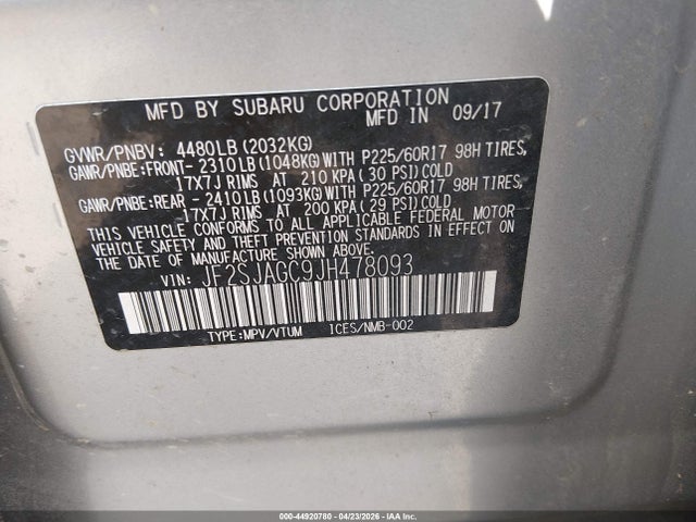 Продаж на аукціоні авто 2018 Subaru Forester 2.5i Premium, vin: JF2SJAGC9JH478093, номер лоту: 44920780