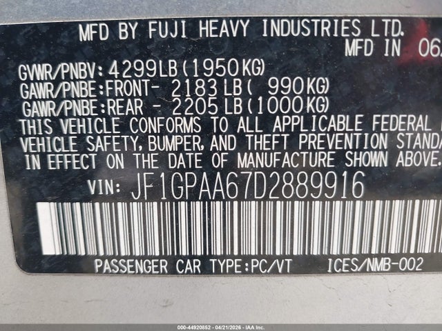Aukcja sprzedaży 2013 Subaru Impreza Wagon 2.0i, vin: JF1GPAA67D2889916, numer aukcji: 44920852