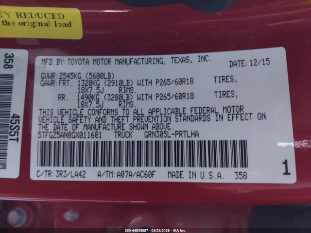Aukcja sprzedaży 2016 Toyota Tacoma Limited, vin: 5TFGZ5AN8GX011681, numer aukcji: 44920857