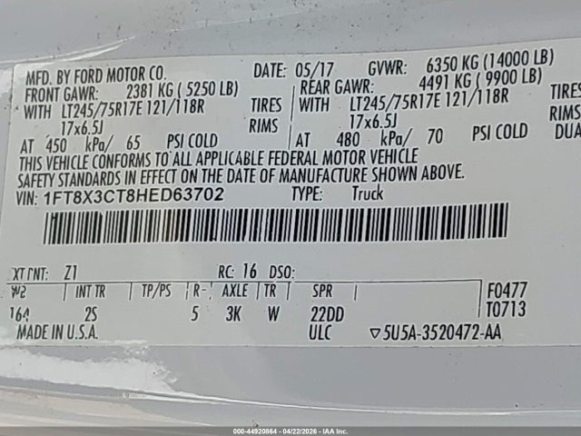 44920864 :رقم المزاد ، 1FT8X3CT8HED63702 vin ، 2017 Ford F-350 Xlt مزاد بيع