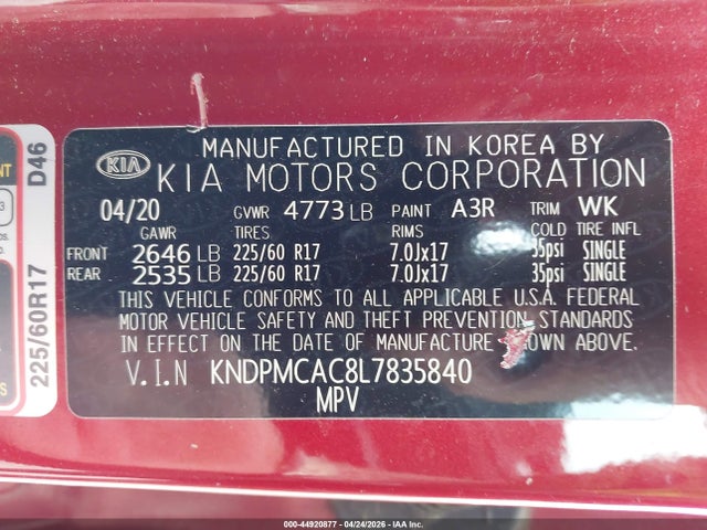 Aukcja sprzedaży 2020 Kia Sportage Lx, vin: KNDPMCAC8L7835840, numer aukcji: 44920877
