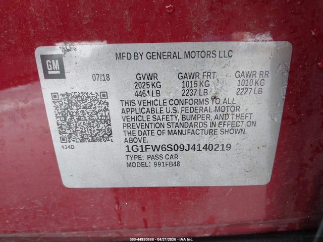 1G1FW6S09J4140219 Chevrolet BOLT EV LT