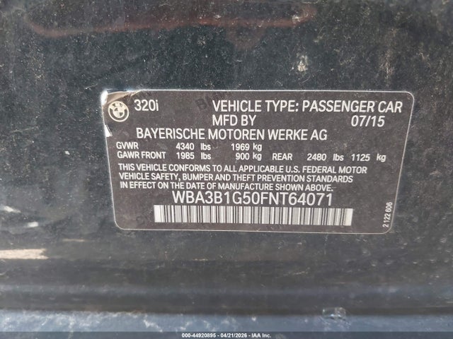 Продажа на аукционе авто 2015 Bmw 320i, vin: WBA3B1G50FNT64071, номер лота: 44920895