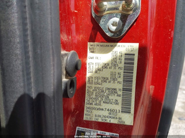 44920906 :رقم المزاد ، 1N6DD0CW9HN746013 vin ، 2017 Nissan Frontier Sv مزاد بيع