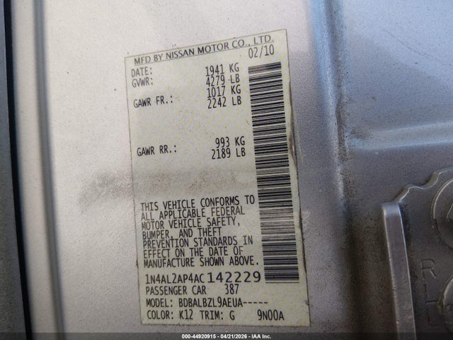 Aukcja sprzedaży 2010 Nissan Altima 2.5 S, vin: 1N4AL2AP4AC142229, numer aukcji: 44920915