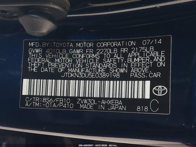 Toyota Prius Three 2014 JTDKN3DU5E0389198 Image 9