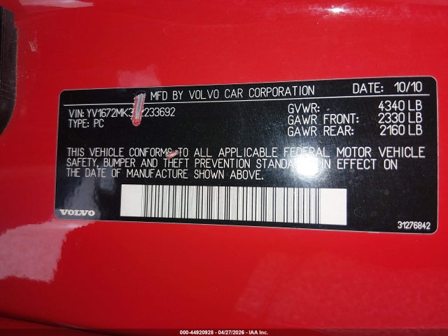 44920928 :رقم المزاد ، YV1672MK3B2233692 vin ، 2011 Volvo C30 T5 مزاد بيع
