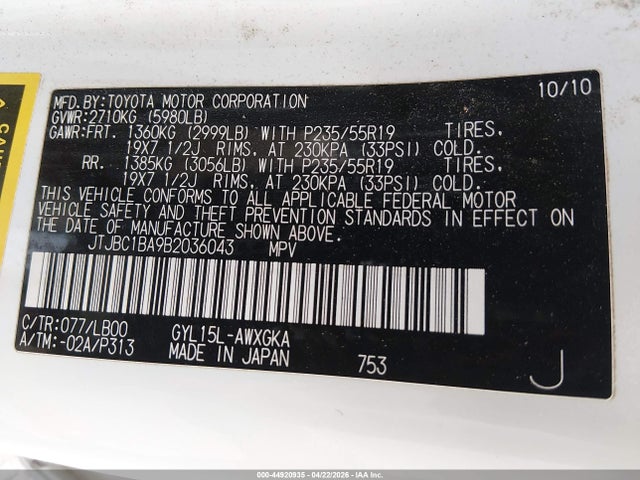 44920935 :رقم المزاد ، JTJBC1BA9B2036043 vin ، 2011 Lexus Rx 450h مزاد بيع