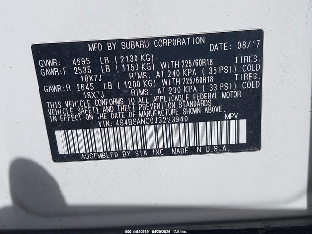4S4BSANC0J3223940 Subaru Outback 2.5i Limited