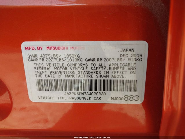 Aukcja sprzedaży 2010 Mitsubishi Lancer Gts, vin: JA32U8FW7AU020939, numer aukcji: 44920945