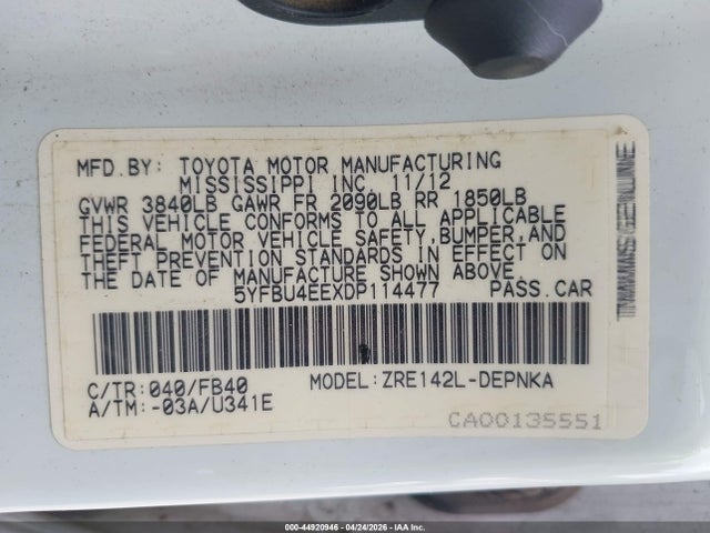 44920946 :رقم المزاد ، 5YFBU4EEXDP114477 vin ، 2013 Toyota Corolla Le مزاد بيع