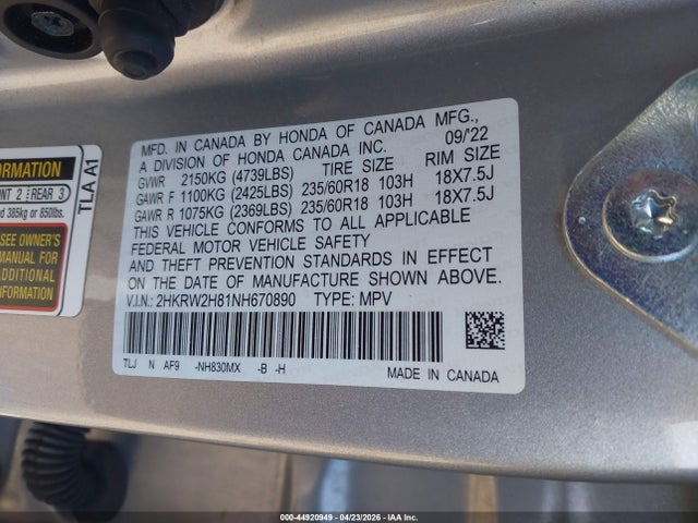 Продаж на аукціоні авто 2022 Honda Cr-v Awd Ex-l, vin: 2HKRW2H81NH670890, номер лоту: 44920949