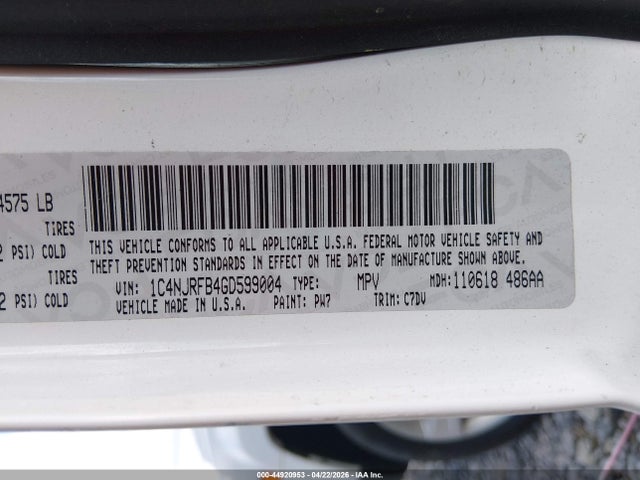 44920953 :رقم المزاد ، 1C4NJRFB4GD599004 vin ، 2016 Jeep Patriot Latitude مزاد بيع