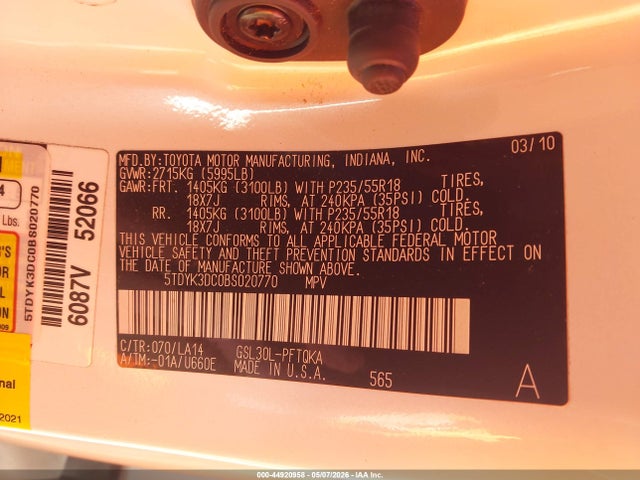 2011 Toyota Sienna Limited V6 მანქანა იყიდება აუქციონზე, vin: 5TDYK3DC0BS020770, აუქციონის ნომერი: 44920958