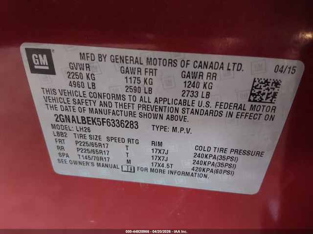Chevrolet EQUINOX 1LT 2015 2GNALBEK5F6336283 Image 9