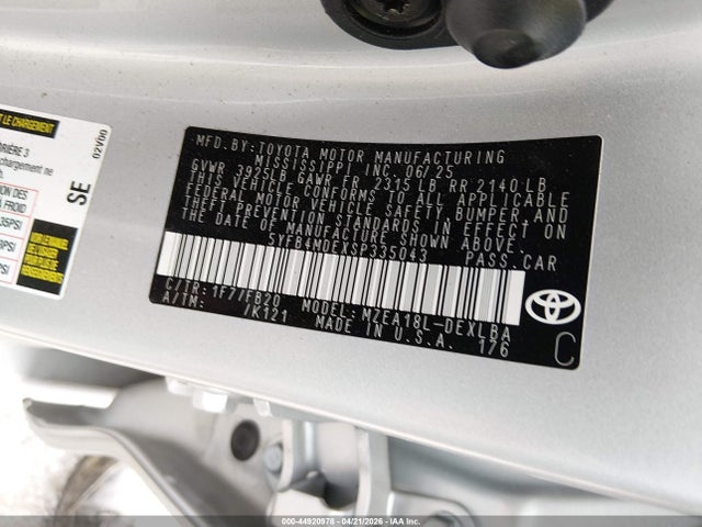 2025 Toyota Corolla Le მანქანა იყიდება აუქციონზე, vin: 5YFB4MDEXSP335043, აუქციონის ნომერი: 44920978