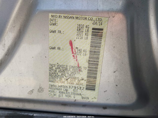 1N4AL3AP3EN379522 Nissan Altima 2.5/2.5 S/2.5 Sl/2.5 Sv