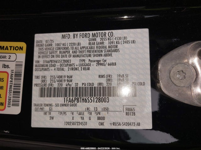 Aukcja sprzedaży 2025 Ford Mustang Ecoboost Fastback, vin: 1FA6P8TH6S5128003, numer aukcji: 44920985