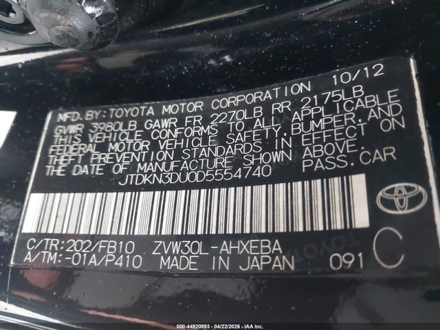 Aukcja sprzedaży 2013 Toyota Prius Two, vin: JTDKN3DU0D5554740, numer aukcji: 44920993