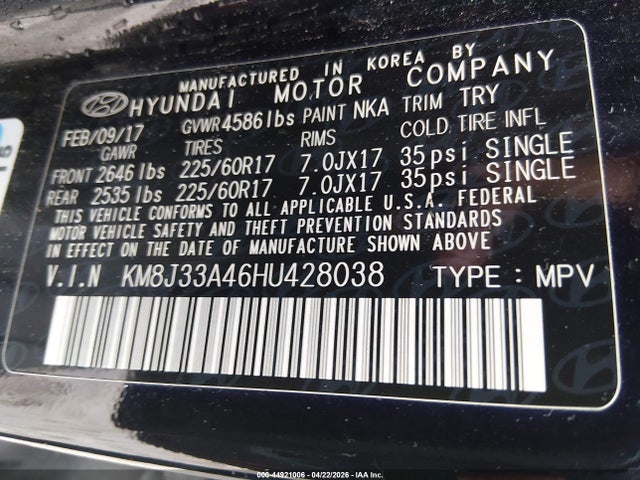 Продаж на аукціоні авто 2017 Hyundai Tucson Se Plus, vin: KM8J33A46HU428038, номер лоту: 44921006