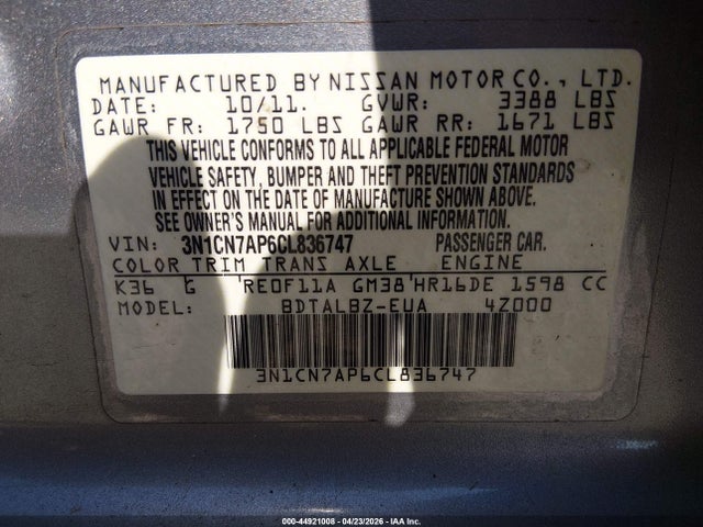 Продаж на аукціоні авто 2012 Nissan Versa 1.6 Sv, vin: 3N1CN7AP6CL836747, номер лоту: 44921008