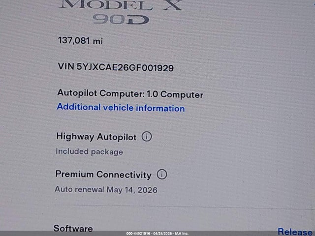 Tesla Model X 60d/70d/75d/90d 2016 5YJXCAE26GF001929 Image 16