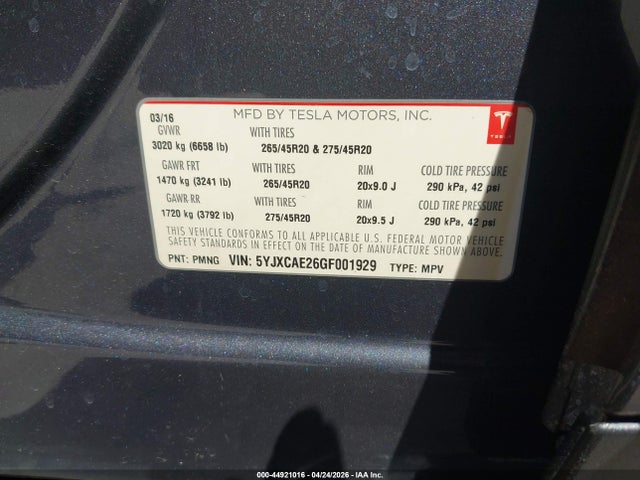 Tesla Model X 60d/70d/75d/90d 2016 5YJXCAE26GF001929 Image 9