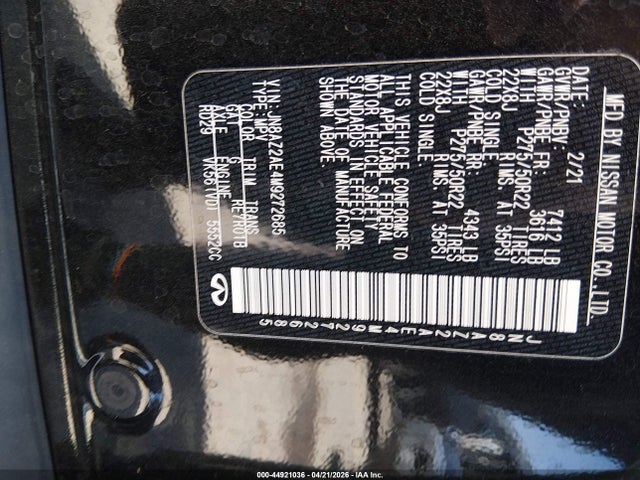 Продаж на аукціоні авто 2021 Infiniti Qx80 Premium Select Awd, vin: JN8AZ2AE4M9272685, номер лоту: 44921036