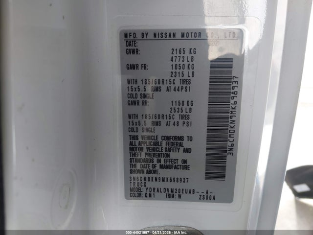 3N6CM0KN9MK698937 Nissan Nv200 Cargo S Xtronic Cvt