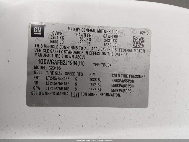 1GCWGAFG2J1904010 Chevrolet Express 2500 Work Van